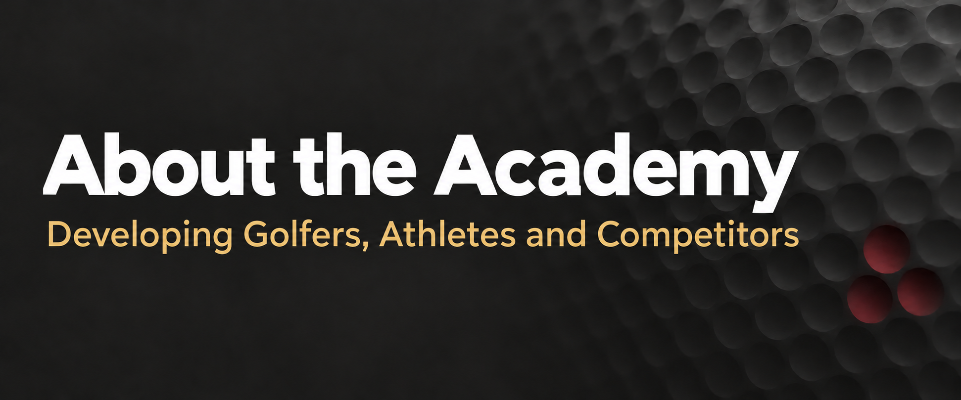 About the Academy. Developing Golfers, Athletes and Competitors. A dark golf-ball texture with gold lettering.