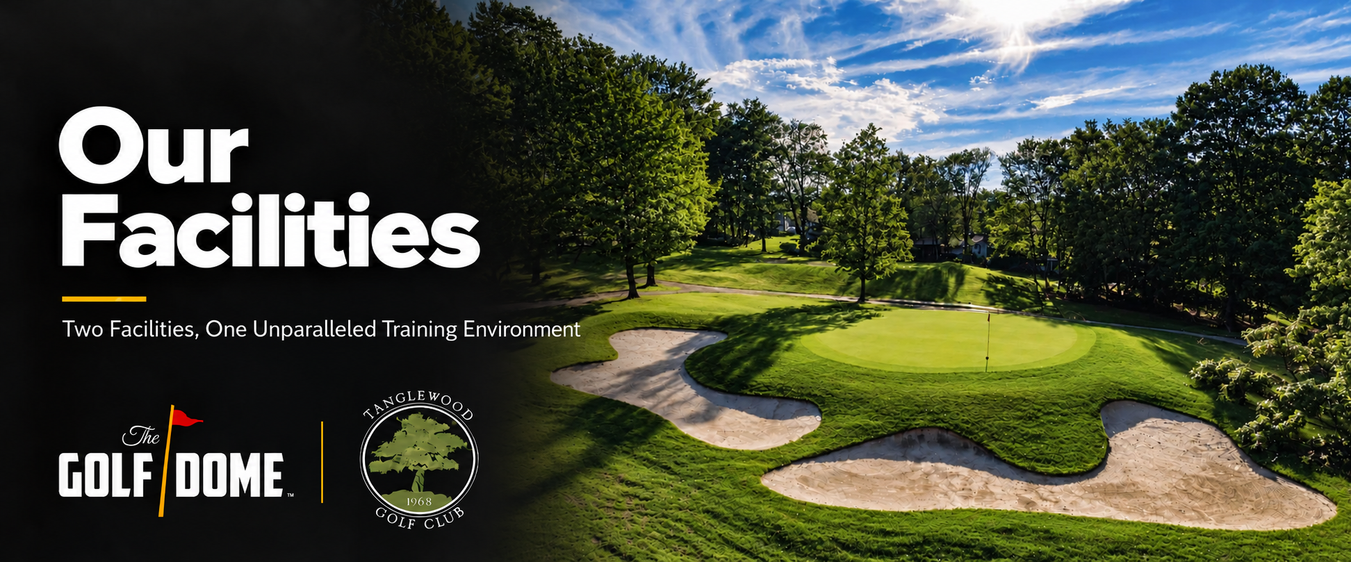 A golf course green surrounded by bunkers. Two Facilities, One Unparalleled Training Environment. The Golf Dome and Tanglewood Golf Club.
