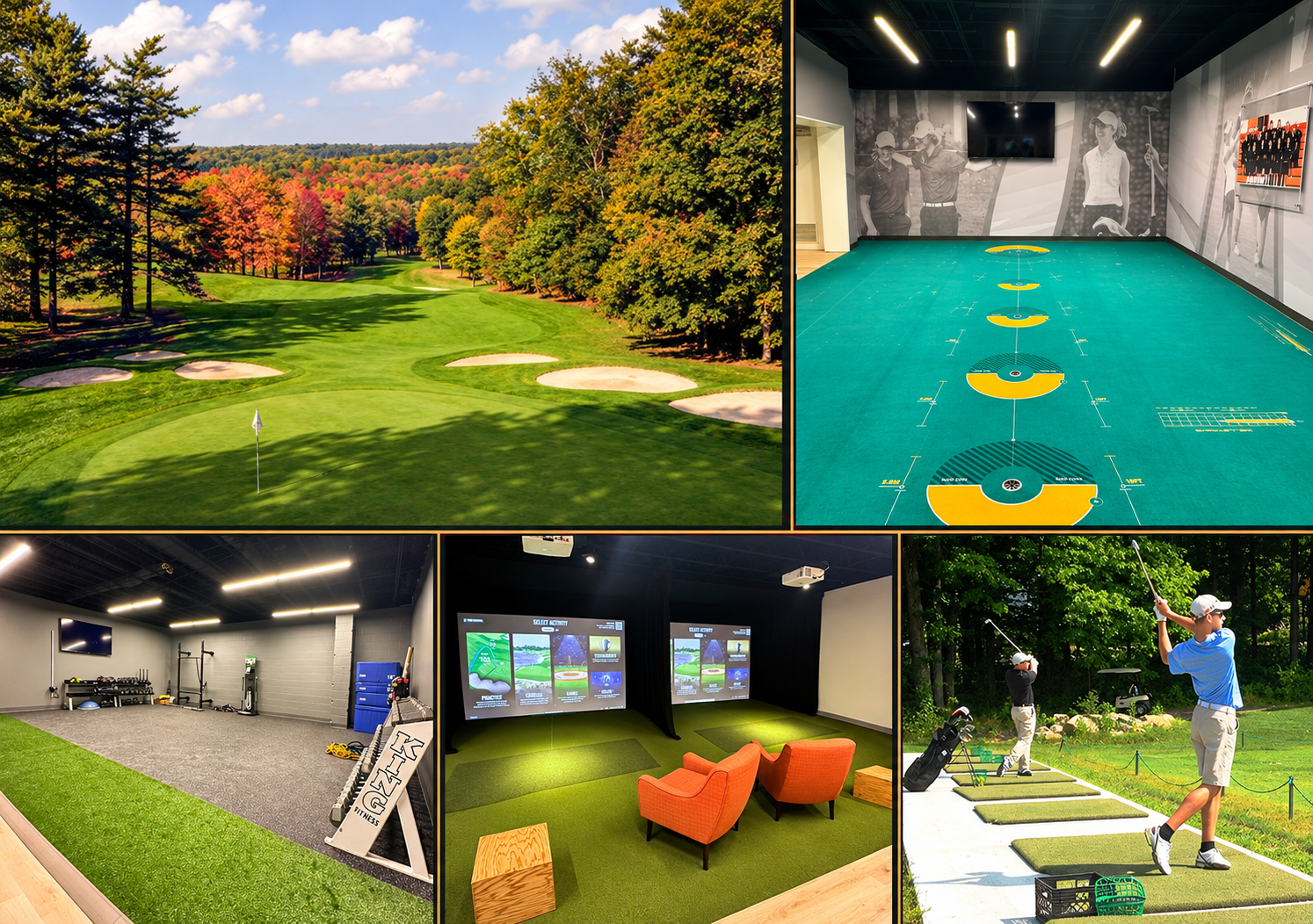Tanglewood Golf Club course, indoor putting studio, strength-training space, golf simulators, and outdoor practice range.